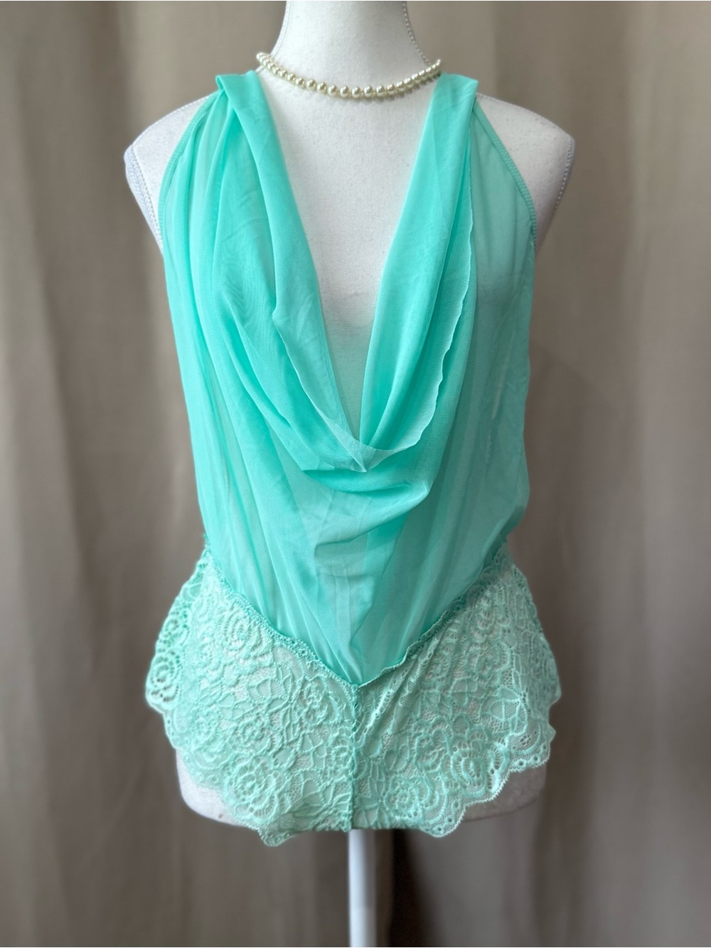 Sheer Draped Halter Lace-Trim Bodysuit in Mint Green - Size L